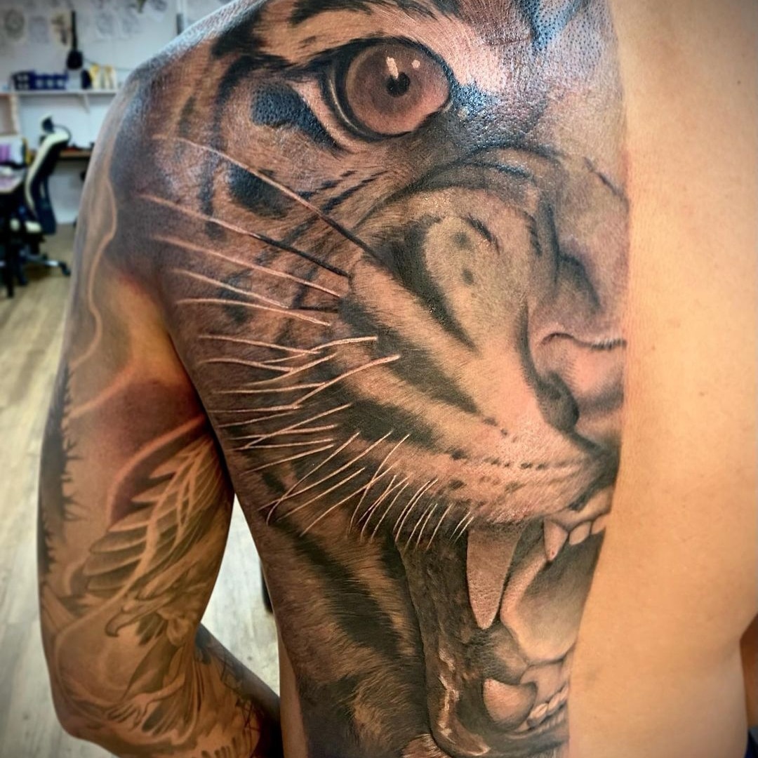 Close-up of a detailed tiger tattoo on a man's shoulder